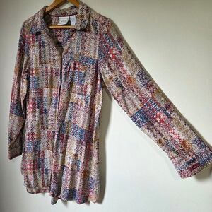 EUC CG SOFT RAYON PRINTED BOHO BUTTON DOWN LONG LINE SHIRT SZ M